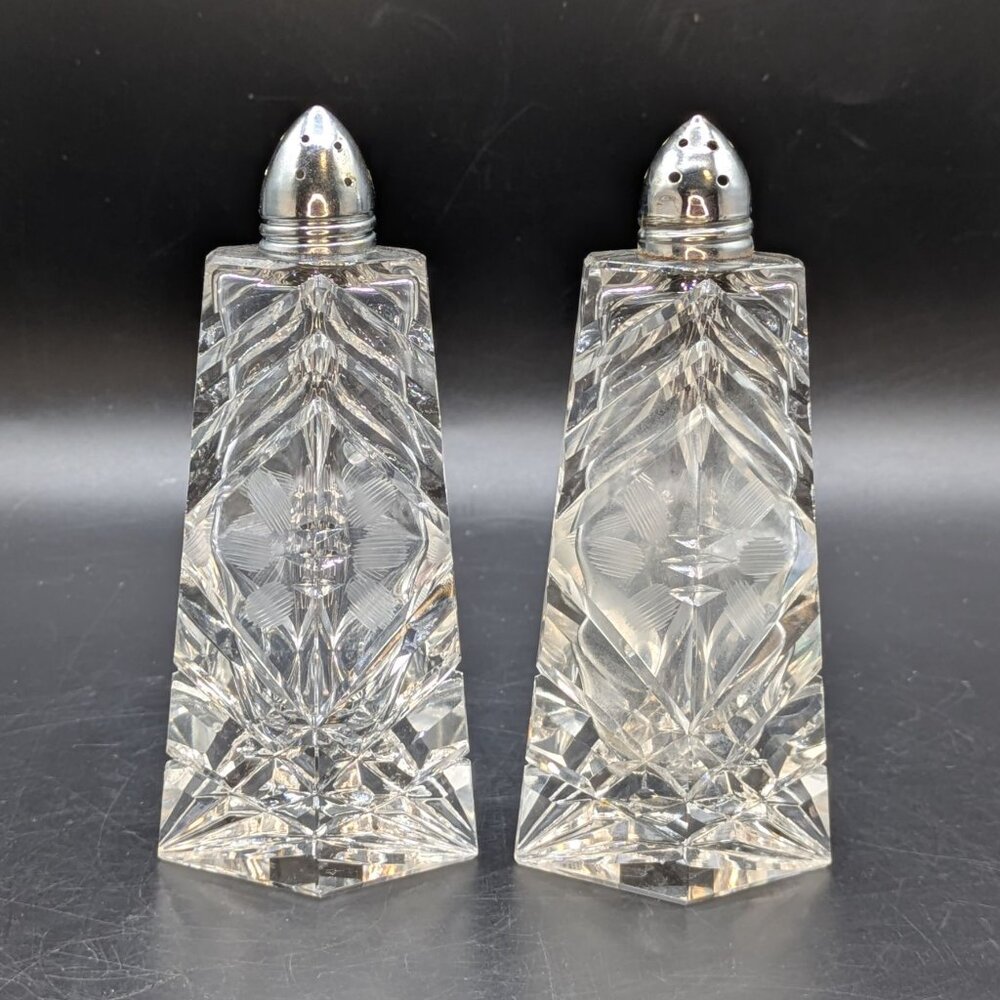 Vintage Cut Crystal Etched Salt and Pepper Shaker Set With Metal Caps 5.5"